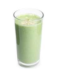 Glass of tasty avocado smoothie with oatmeal on white background