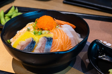Sashimi bowl with fish eggs and rice