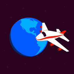 Airplane on the background of the earth in space. A plane flies around the earth.