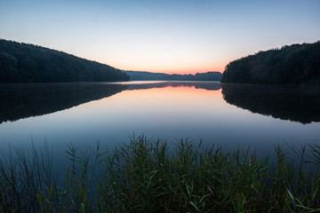 Peaceful morning at the lake Ukleisee in the middle of forest, reed in foreground, Eutin, Schleswig-Holstein, Germany