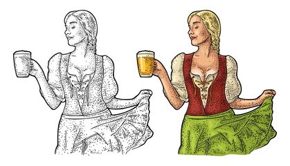 Young sexy Oktoberfest woman holding beer mug. Vintage vector engraving