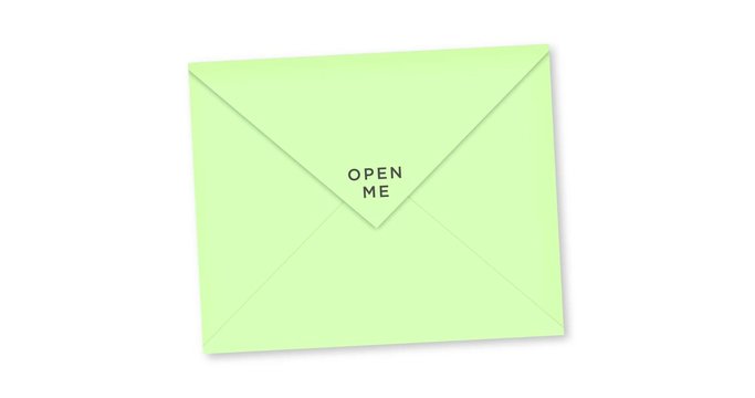 animated colorful green envelope OPEN ME typography, with white background