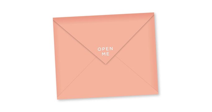animated colorful pink envelope OPEN ME typography, with white background