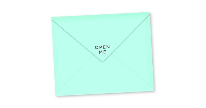 animated colorful blue envelope OPEN ME typography, with white background