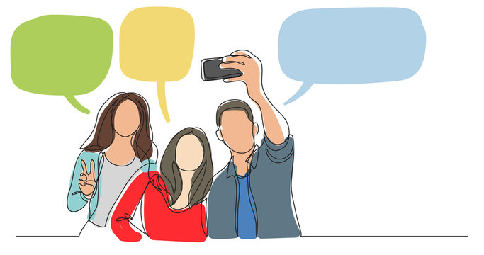group of happy young friends making selfie with speech bubbles - one line drawing