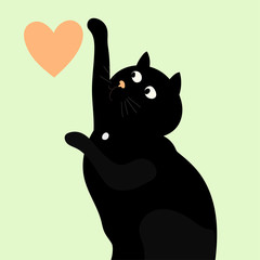 Cute  black cat  catching heart. Print design for poster or t-shirt.