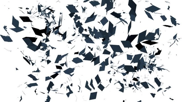 blue world map explodes into small pieces - on white background (4K)