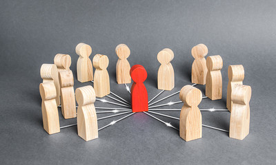 The red person is connected with employees by wide network of lines. At the center of a complex...