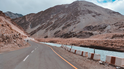 Roads of Ladakh region of India. Himalayan mountains and smooth roads of Kashmir.