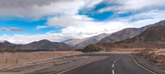 Roads of Ladakh region of India. Himalayan mountains and smooth roads of Kashmir.
