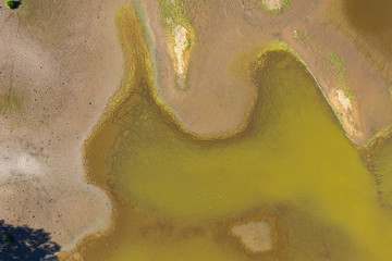 Blick auf einen fast ausgetrockneten Waldsee von oben