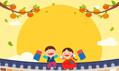 Happy Chuseok Background vector illustration. Kids in Korean Hanbok costume sitting on the roof with copy space