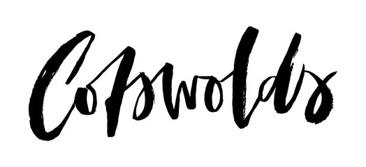 Cotswolds. Vector ragged brush lettering element. Cotswolds area name for posters, cards, maps and travel guides. Graffiti style. Isolated black and white text.
