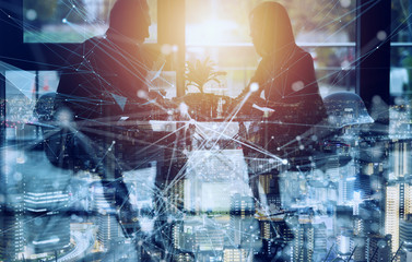 Business people collaborate together in office. Internet connection effects. Double exposure effects.