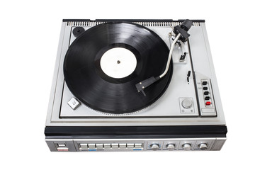 Fototapeta premium Vintage record player with radio tuner on white background