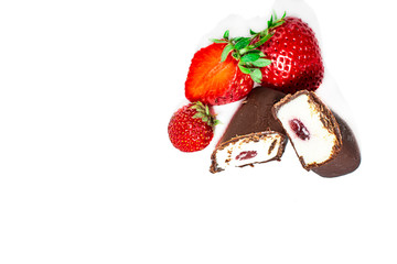 Glazed curd cheese with strawberry jam in a cut. Isolate