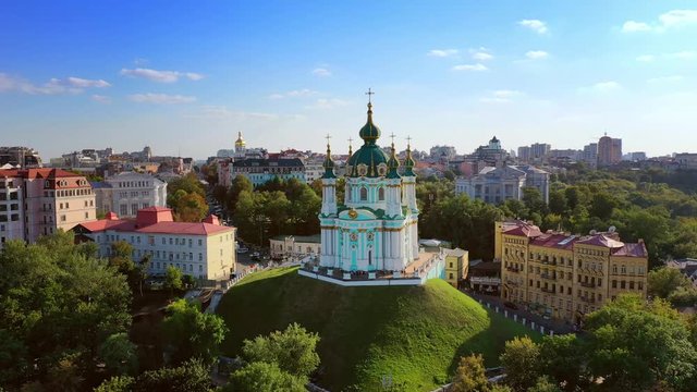 Aerial drone video Famous St. Andrews Church and panorama of Kyiv, Ukraine