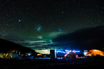 Pitched tents camping at the base of Mount Kilimanjaro at night