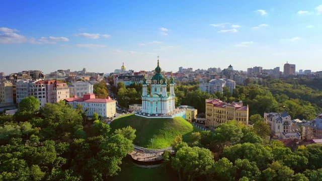 Aerial drone video Famous St. Andrews Church and panorama of Kyiv, Ukraine