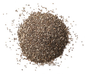 Chia seeds pile isolated on white background, top view