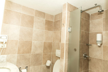 Hotel or motel bathroom interiors