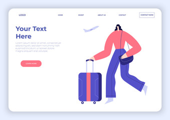 Woman with luggage, bag, running around the airport. Cartoon traveller female character, flying plane. Landing page template. Flat vector illustration. Use in web projects and applications.