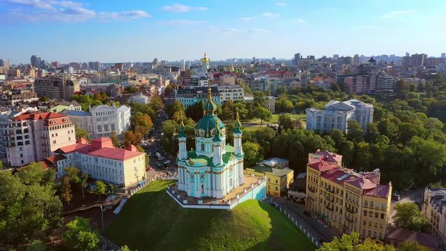 Aerial drone video Famous St. Andrews Church and panorama of Kyiv, Ukraine
