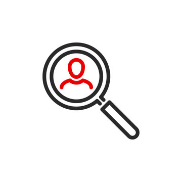 recommend clip art: HR headhunter recruiter with magnifier glass outline flat icon. Single quality outline logo search symbol for web design mobile app. Thin line design logo. Loupe lens icon isolated on white background