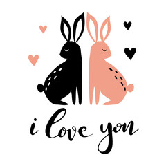 Hand drawn card with hearts, rabbits and lettering