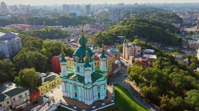 Aerial drone video Famous St. Andrews Church and panorama of Kyiv, Ukraine