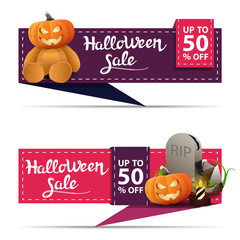 Halloween sale, two horizontal discount banners in the form of ribbon with Teddy bear with Jack pumpkin head and tombstone. Purple and pink discount banners