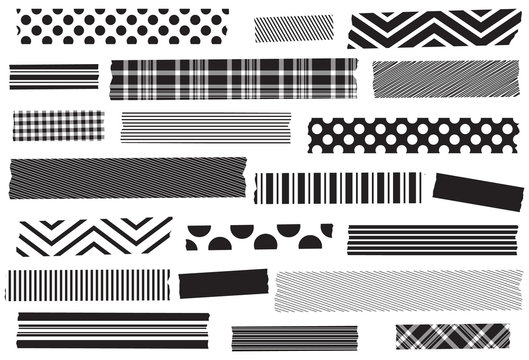 Black and white washi tape strips. Adhesive tape strip template. Masking tape, sticker or label.