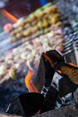 skewers on skewers languish on the grill in smoke