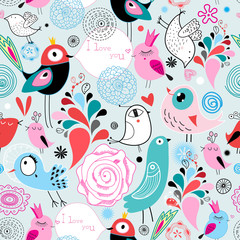 Seamless bright multi-colored pattern of birds in love and flowers