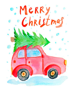  Watercolor  Christmas card with car and tree isolated on white background. Hand painted winter illustration.