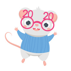 Cartoon mouse. Cute rat in funny party eyeglasses. Symbol of 2020 chinese calendar