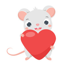 Cartoon mouse. Cute rat hold red heart