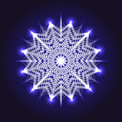 White circular abstract pattern with blue lights isolated on dark background. Magic snowflake. Vector illustration.