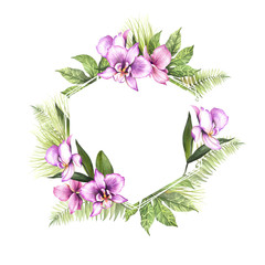 Frame with orchids and leaves. Hand draw watercolor illustration.