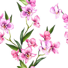 Naklejka na ściany i meble Seamless pattern with orchids. Hand draw watercolor illustration.