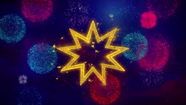 Bahai Nine pointed star Bahaism Icon Symbol on Colorful Fireworks Particles. Object, Shape, Design, Text, Element, 4K Loop Animation.