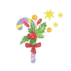 A cute hand drawn decorated traditional sweet made of sugar, striped lollypop stick, end of the year celebrations symbol