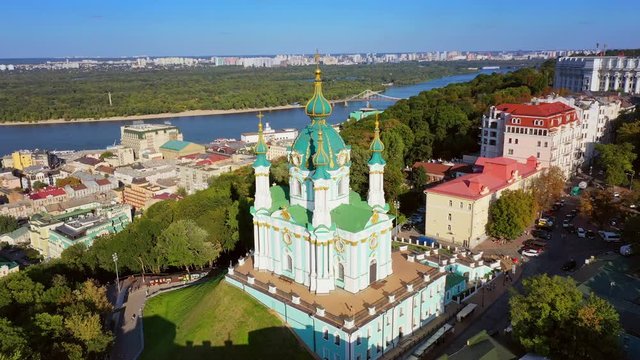 Aerial drone video Famous St. Andrews Church and panorama of Kyiv, Ukraine