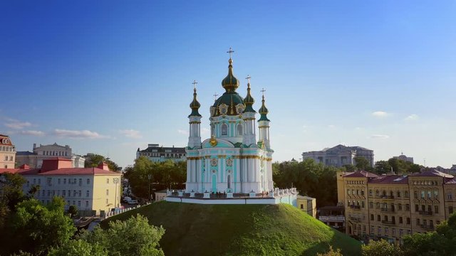 Aerial drone video Famous St. Andrews Church and panorama of Kyiv, Ukraine