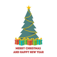 Vector illustration Happy New Year and Merry Christmas, greeting card with Christmas tree and gifts