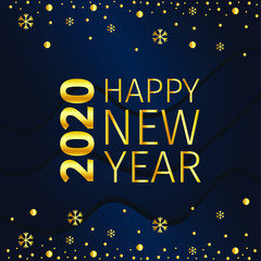 Happy New Year and Merry Christmas 2020. Lettering with a golden gradient. flickering gold dust on a dark background. Vector poster, greeting, card, banner, invitation.