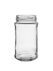 empty open glass food jar isolated on white background