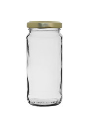 empty open glass jar on a white background