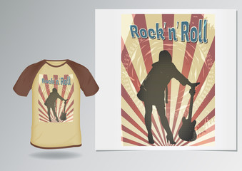print for clothes with a demonstration on a brown t-shirt with Raglan. silhouette of a girl with a guitar. the sun's rays with grunge texture. inscription rock ' n ' roll. retro poster.