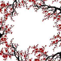 Frame Sakura Blossom - Japanese Cherry Tree. Artistic Border Branch Plum Blossom.	